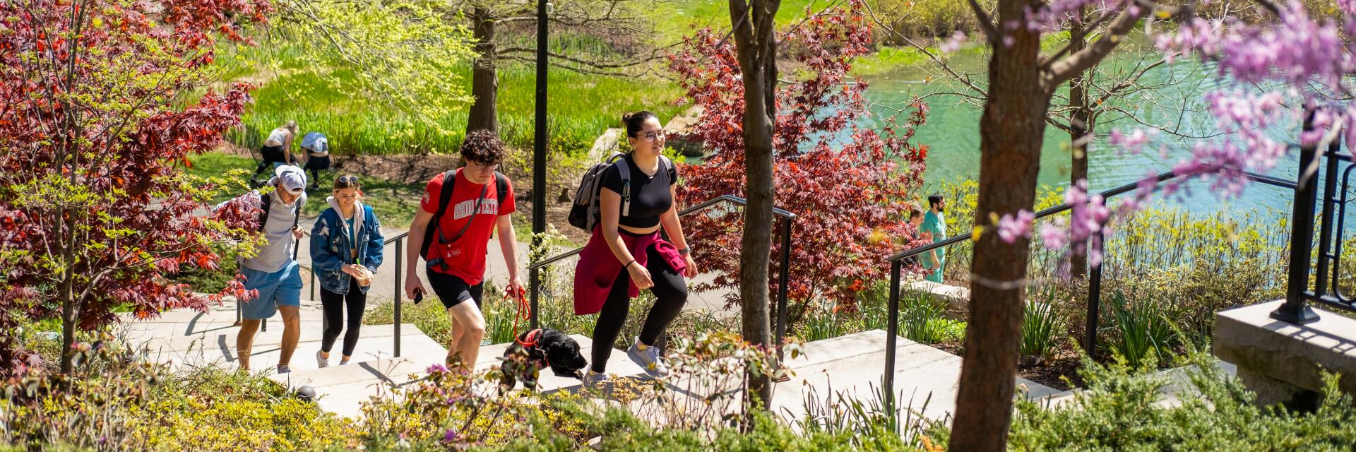 Spring campus scene with students and student activity in outdoor spaces near Mirror Lake.
